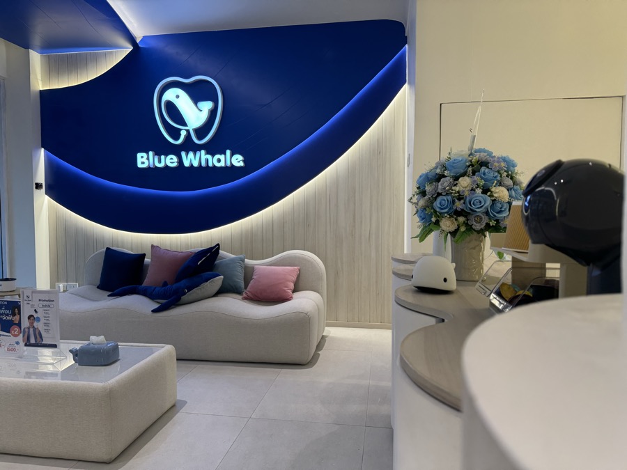 โซนพักรอและโลโก้วาฬของคลินิก Blue Whale Dental