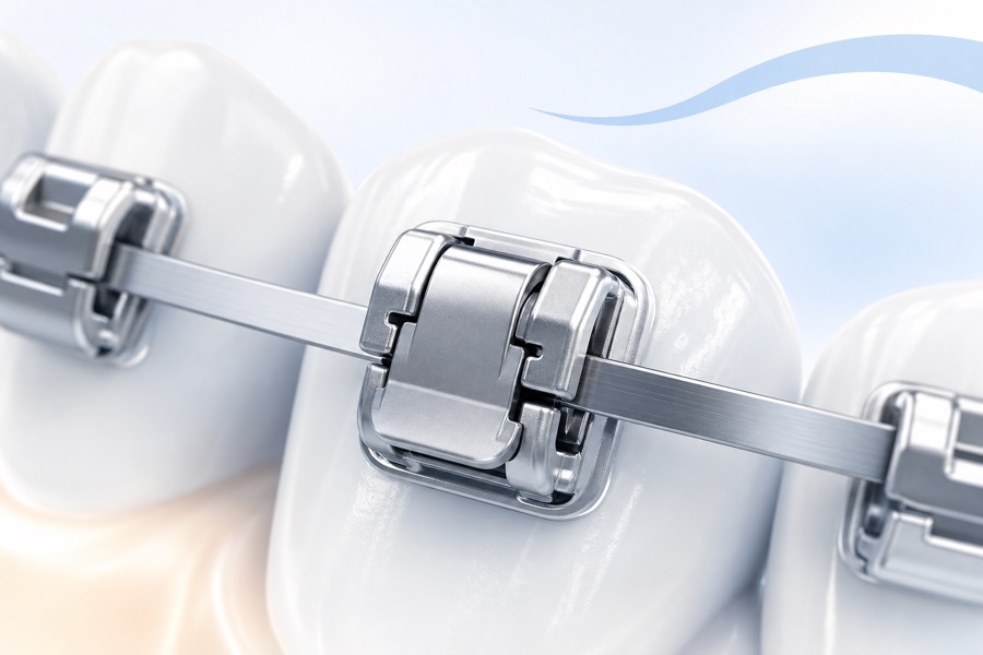 Bracket แบบ Self-Ligating มีฝาล็อกลวดในตัว ไม่ใช้ยางรัด พร้อมลวด I-Arch (ภาพประกอบ)